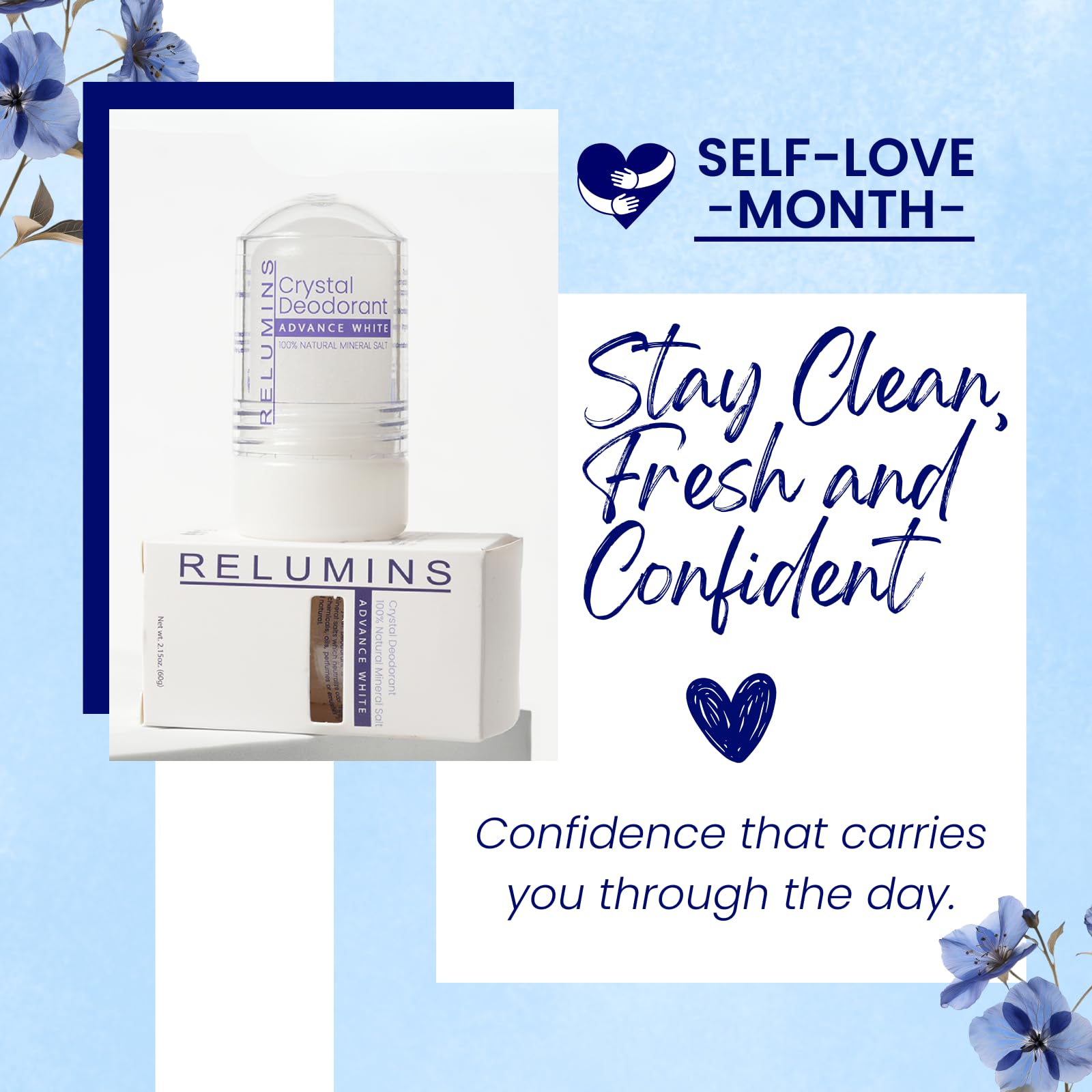 Relumins Crystal Deodorant roll-on application offers smooth, quick-dry benefits with no residue.