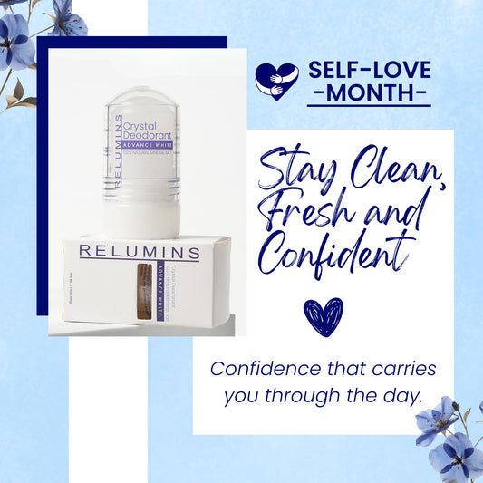 Relumins Crystal Deodorant roll-on application offers smooth, quick-dry benefits with no residue.