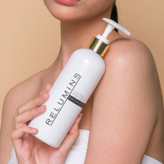 Relumins Intense Glow lotion pump closeup highlighting quick absorption