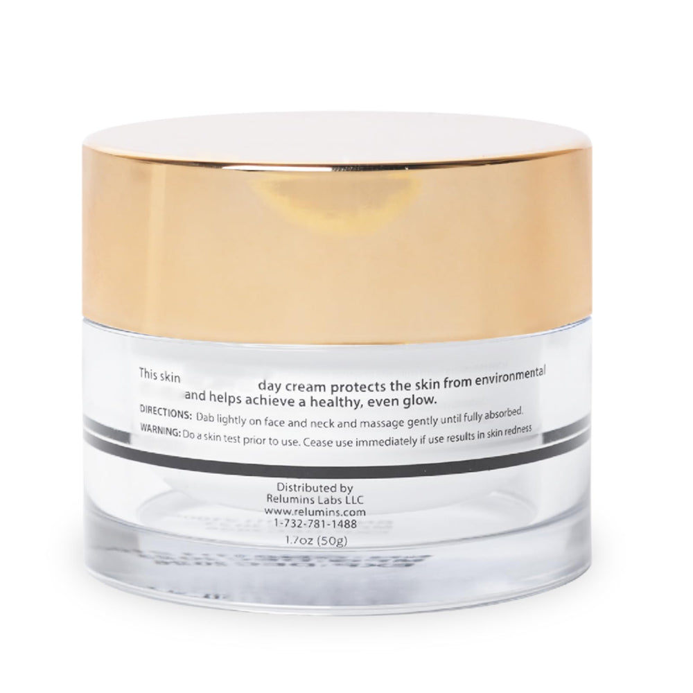 Relumins Intense Glow Daily Protection Cream in bathroom scene suggests simple morning skincare routine.