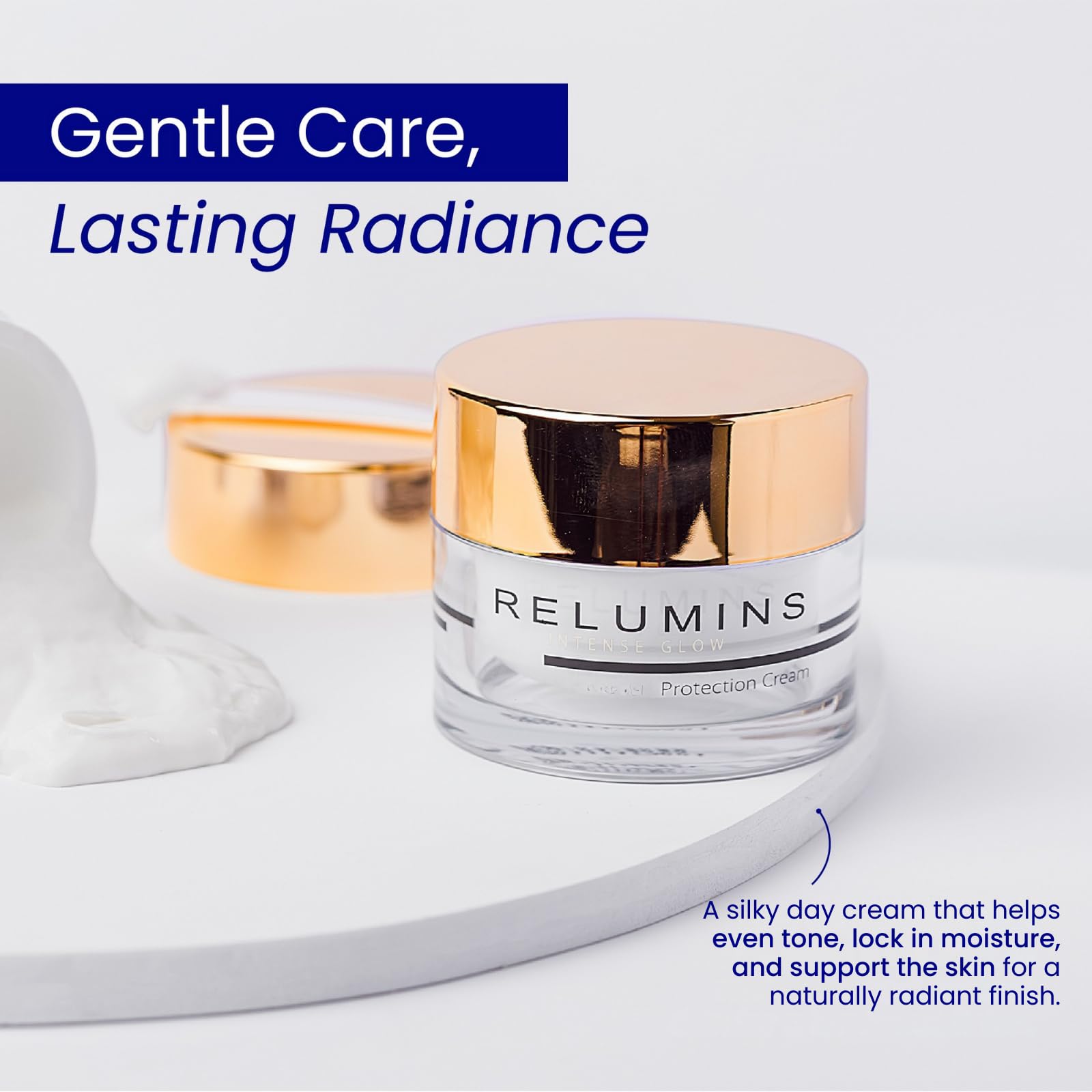Relumins Intense Glow Daily Protection Cream texture application demonstrates fast absorption and a non-greasy finish.