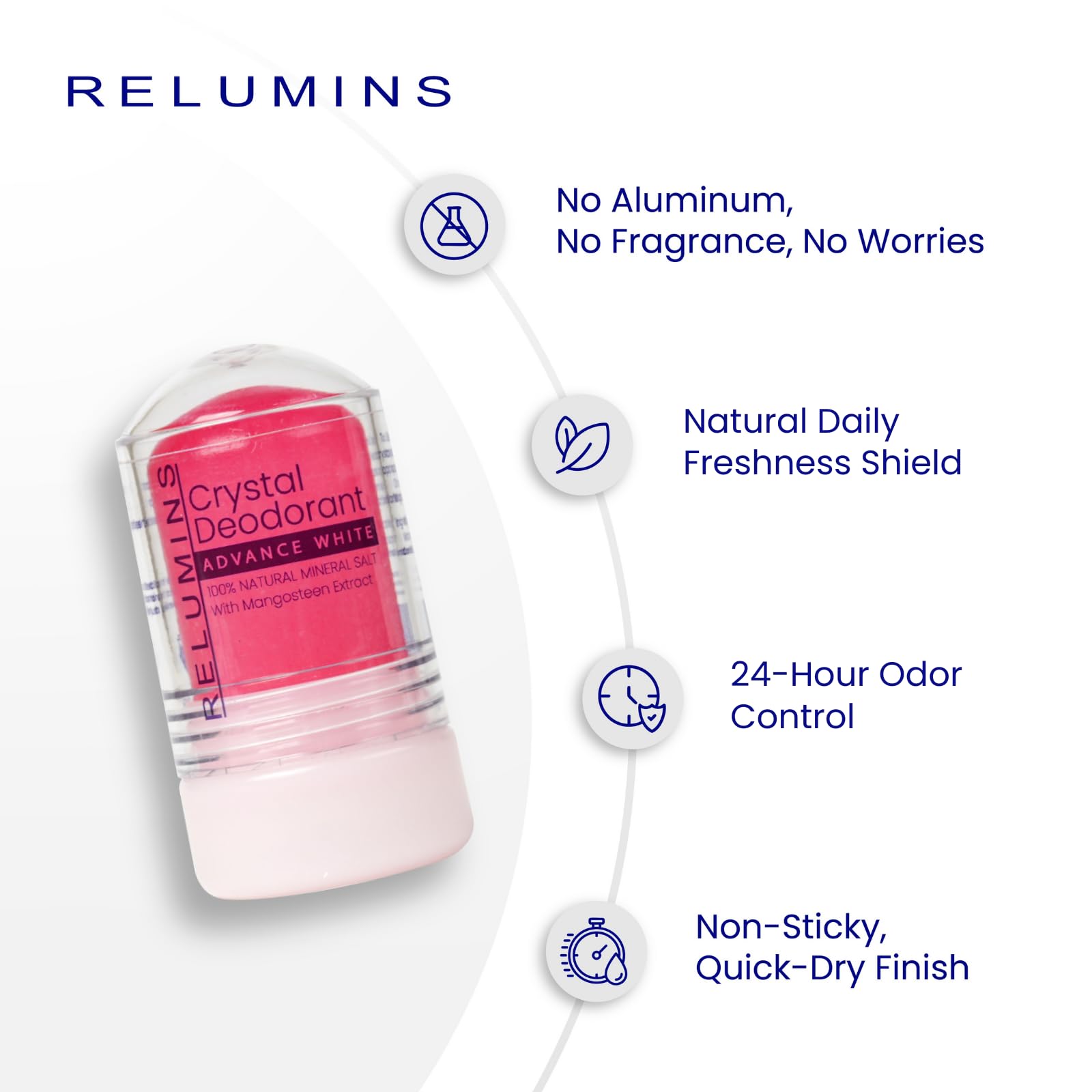 Relumins Mangosteen Crystal Deodorant designed for sensitive skin with gentle mineral ingredients.