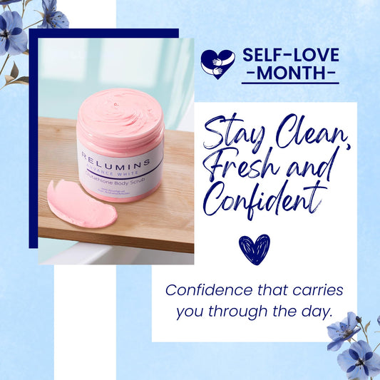 Relumins Premium Summer Body Scrub jar close-up showing creamy texture and glow