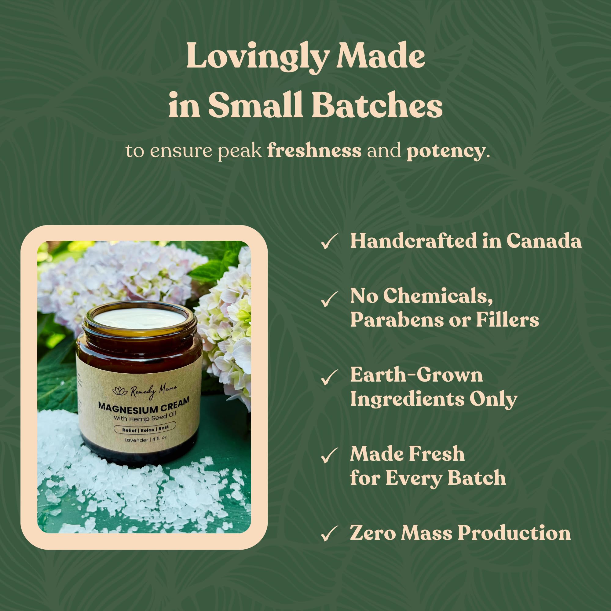 Remedy Mama magnesium cream packaged in a glass jar, Canada-made