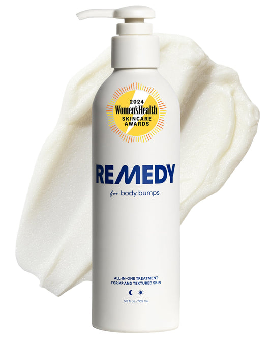 Remedy Science KP Exfoliating Body Moisturizer bottle showing rich, fast-absorbing formula for KP support