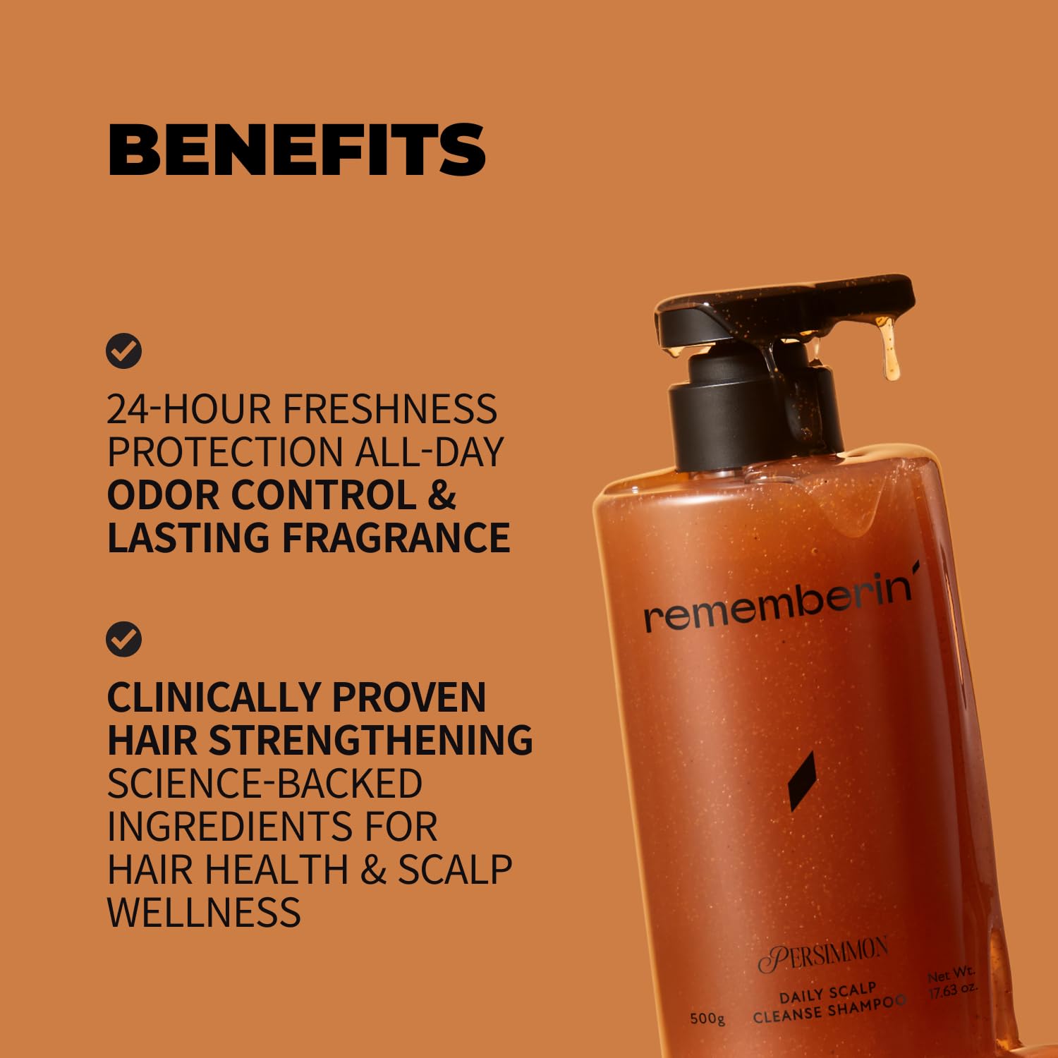 Rememberin Persimmon Shampoo 24-hour-freshness bottle demonstrates all-day deodorizing.