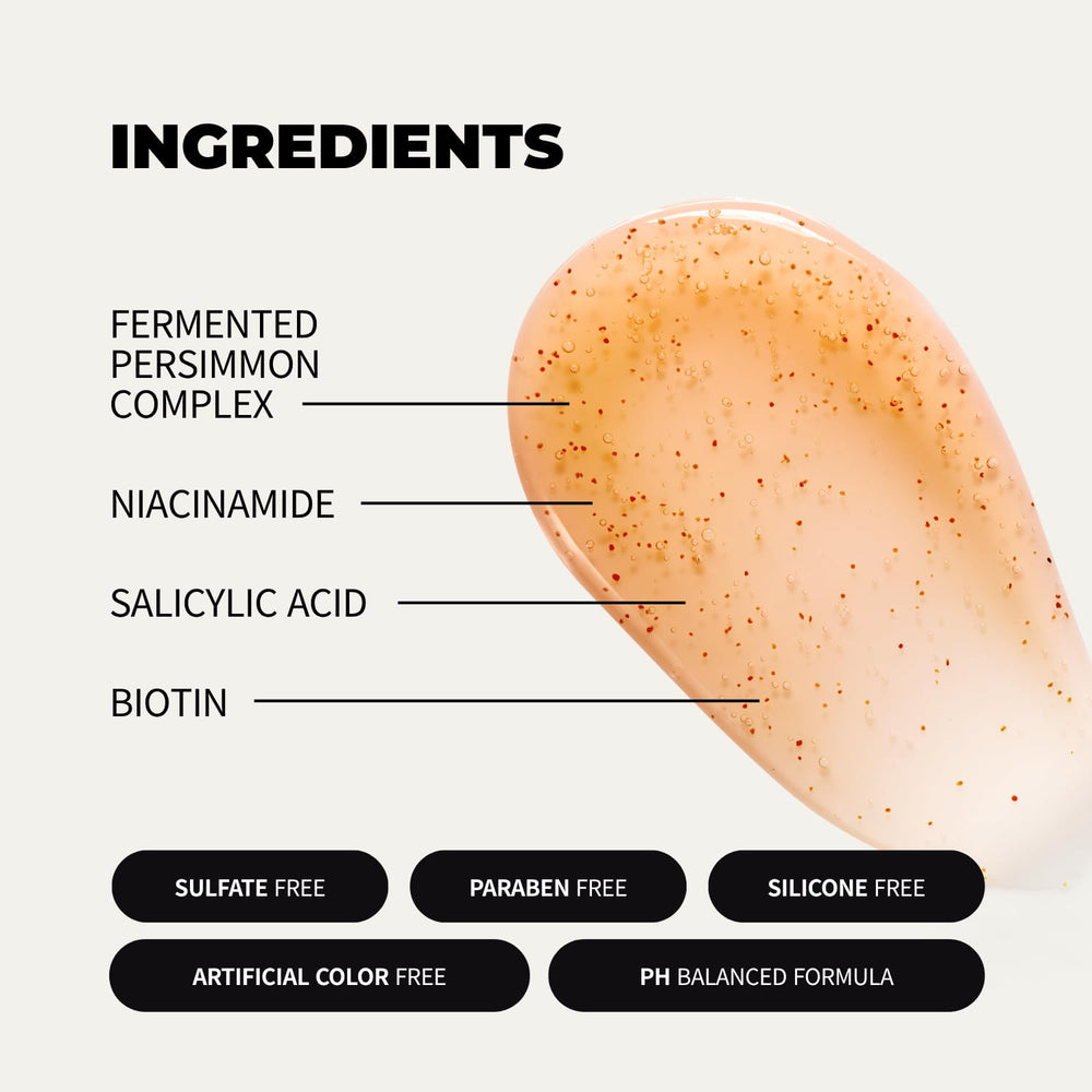 Rememberin Persimmon Shampoo walnut-exfoliation detail shows gentle impurity removal.