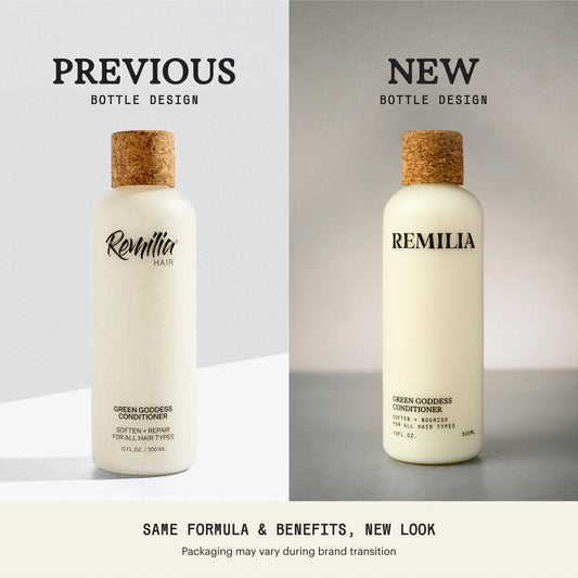 Remilia Green Goddess bottle pour showing easy application for smooth hair