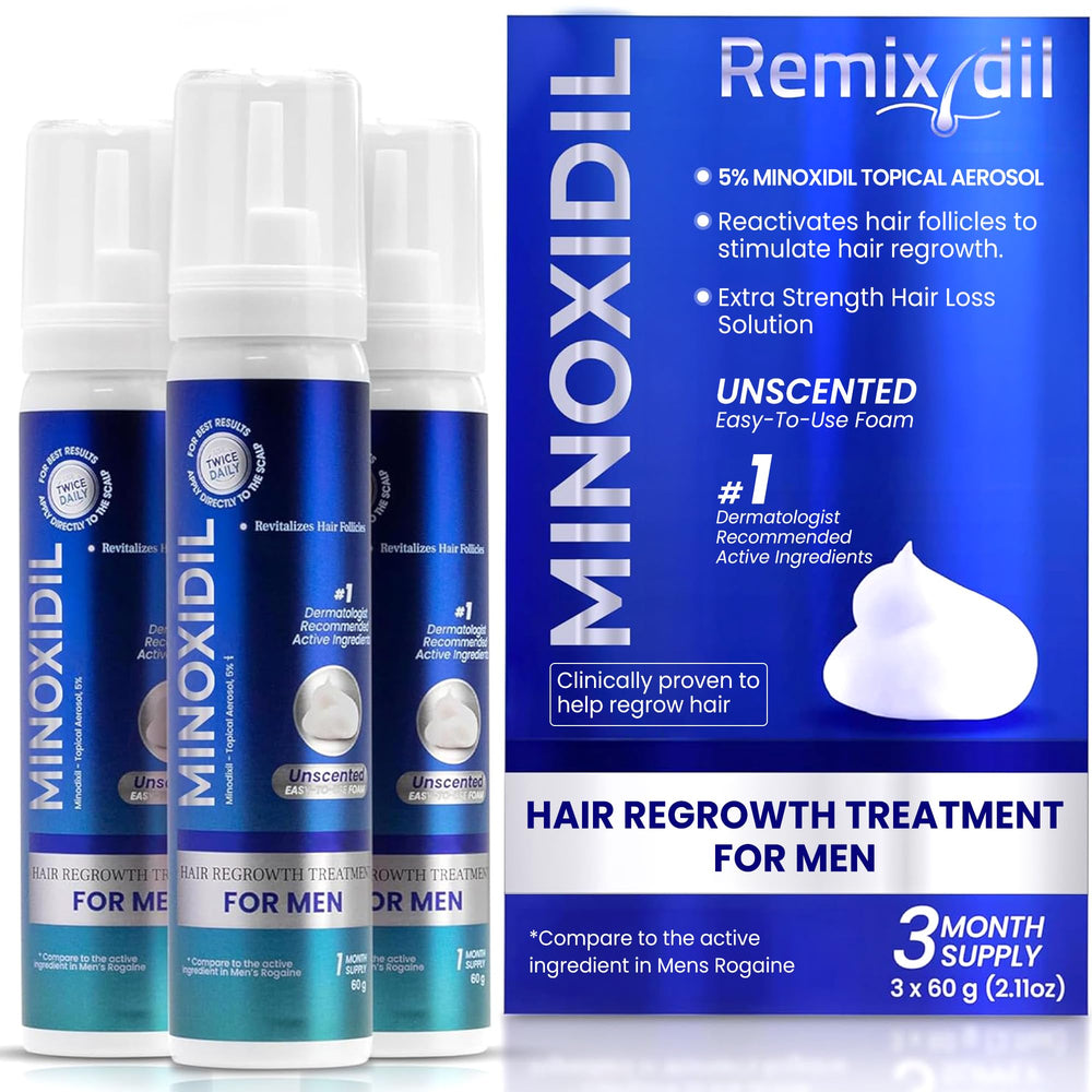 Remixidil foam bottle front view, dermatologist-approved packaging for easy daily use.