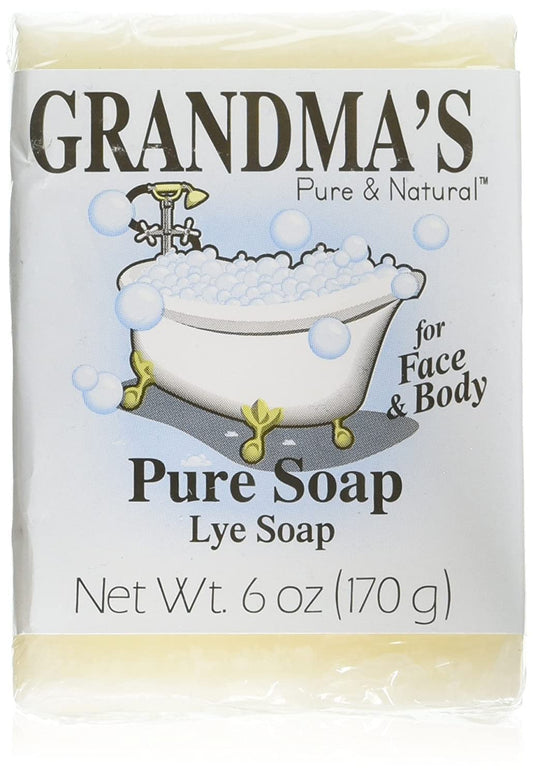 Remwood Grandma's Lye Soap packaging with bars; gentle cleansing for sensitive skin.
