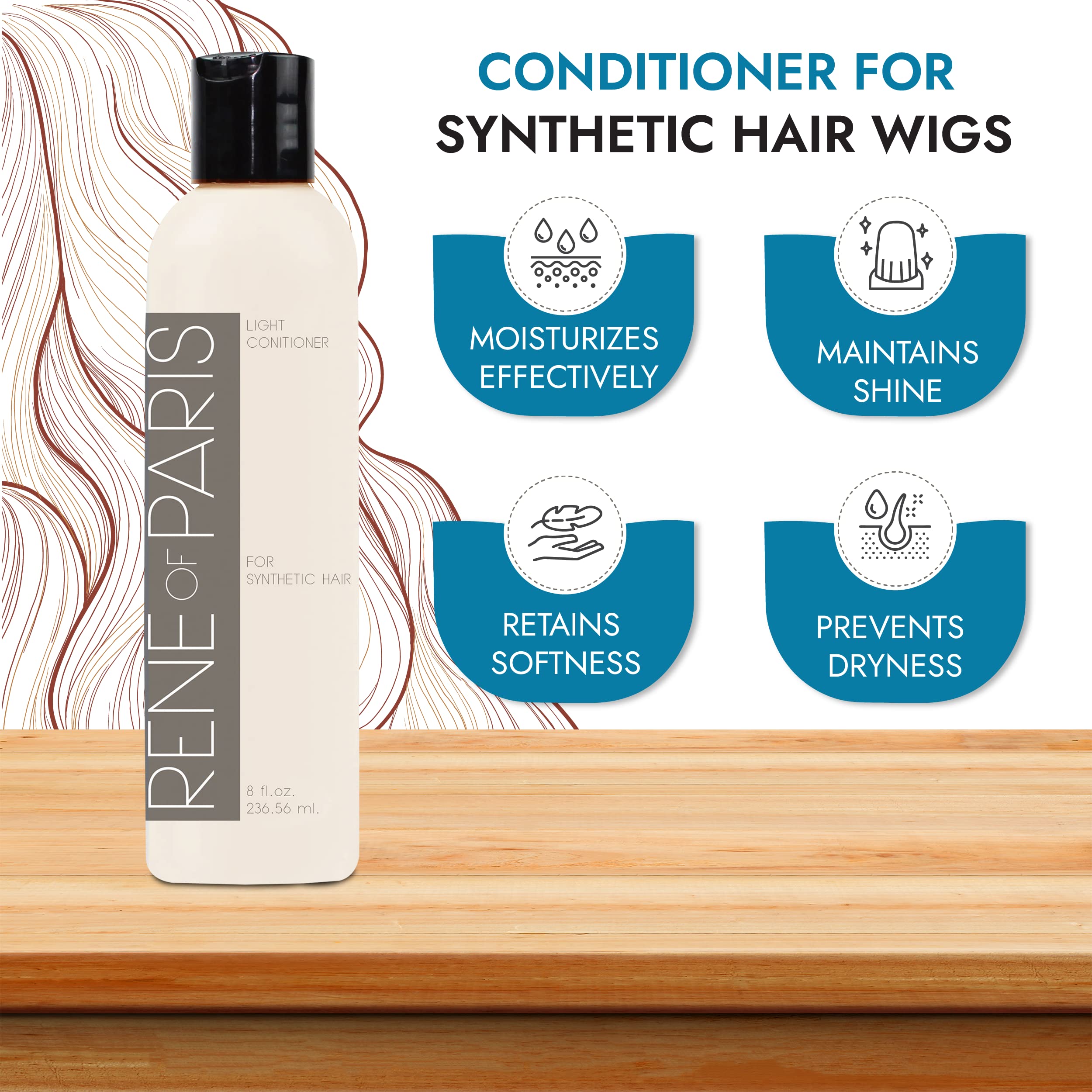 Rene of Paris conditioner applied to a synthetic wig for smooth styling.