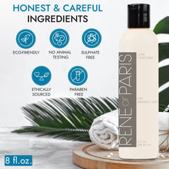 Rene of Paris conditioner bottle moisturizes synthetic fibers for softness.