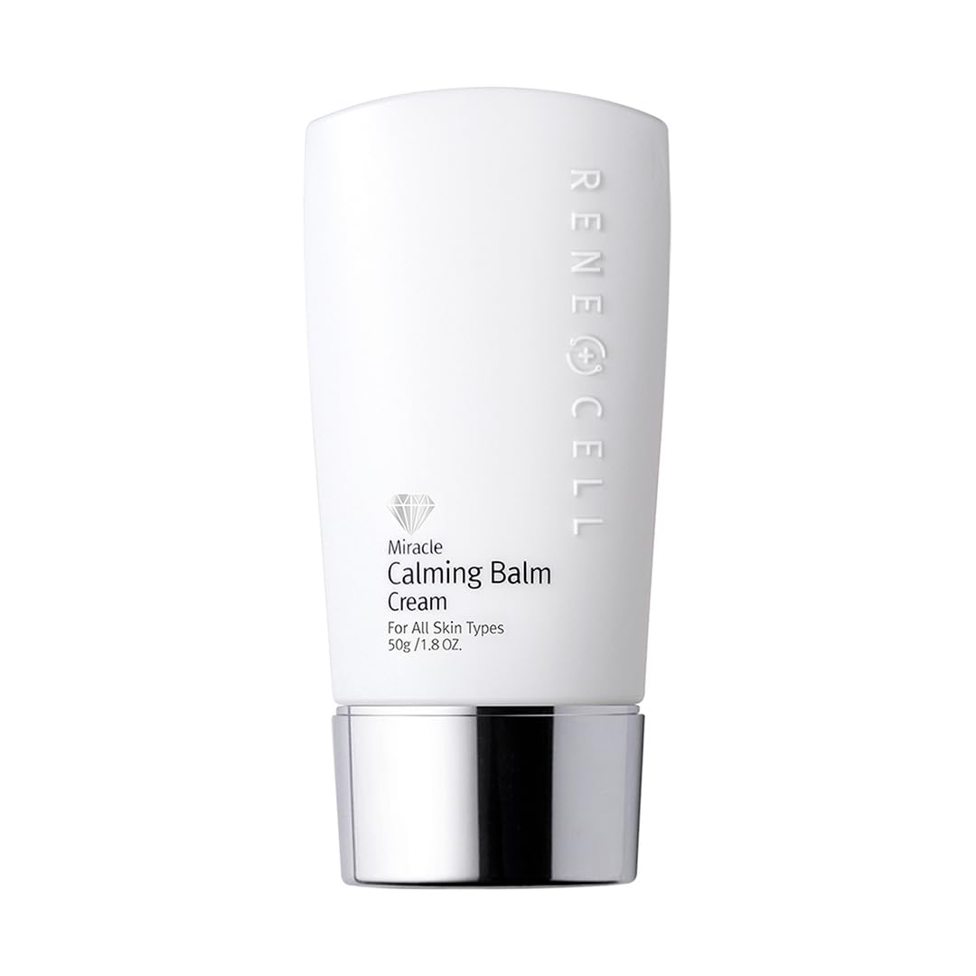 RENECELL Miracle Calming Balm jar close-up showing soothing post-treatment care and light coverage.