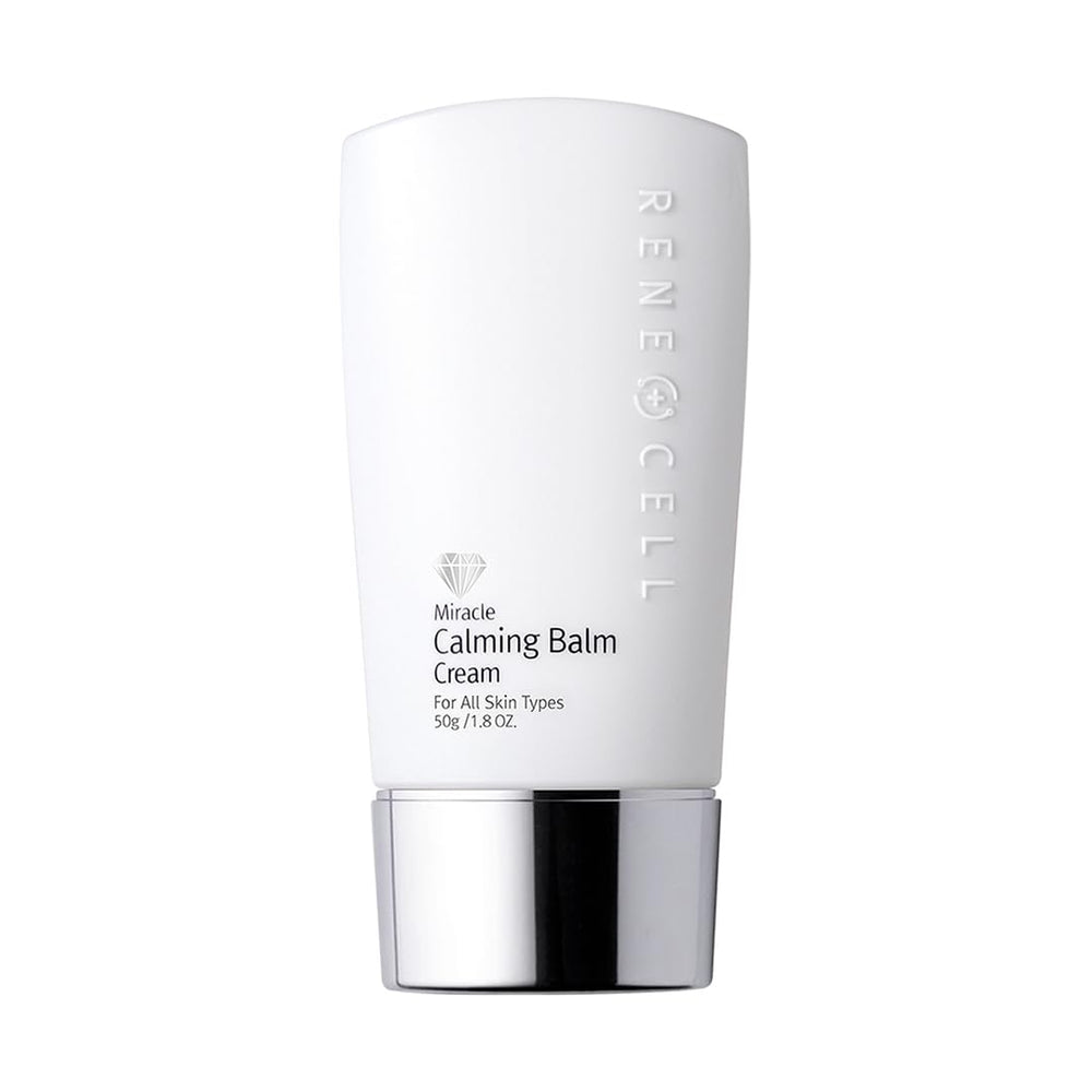 RENECELL Miracle Calming Balm jar close-up showing soothing post-treatment care and light coverage.