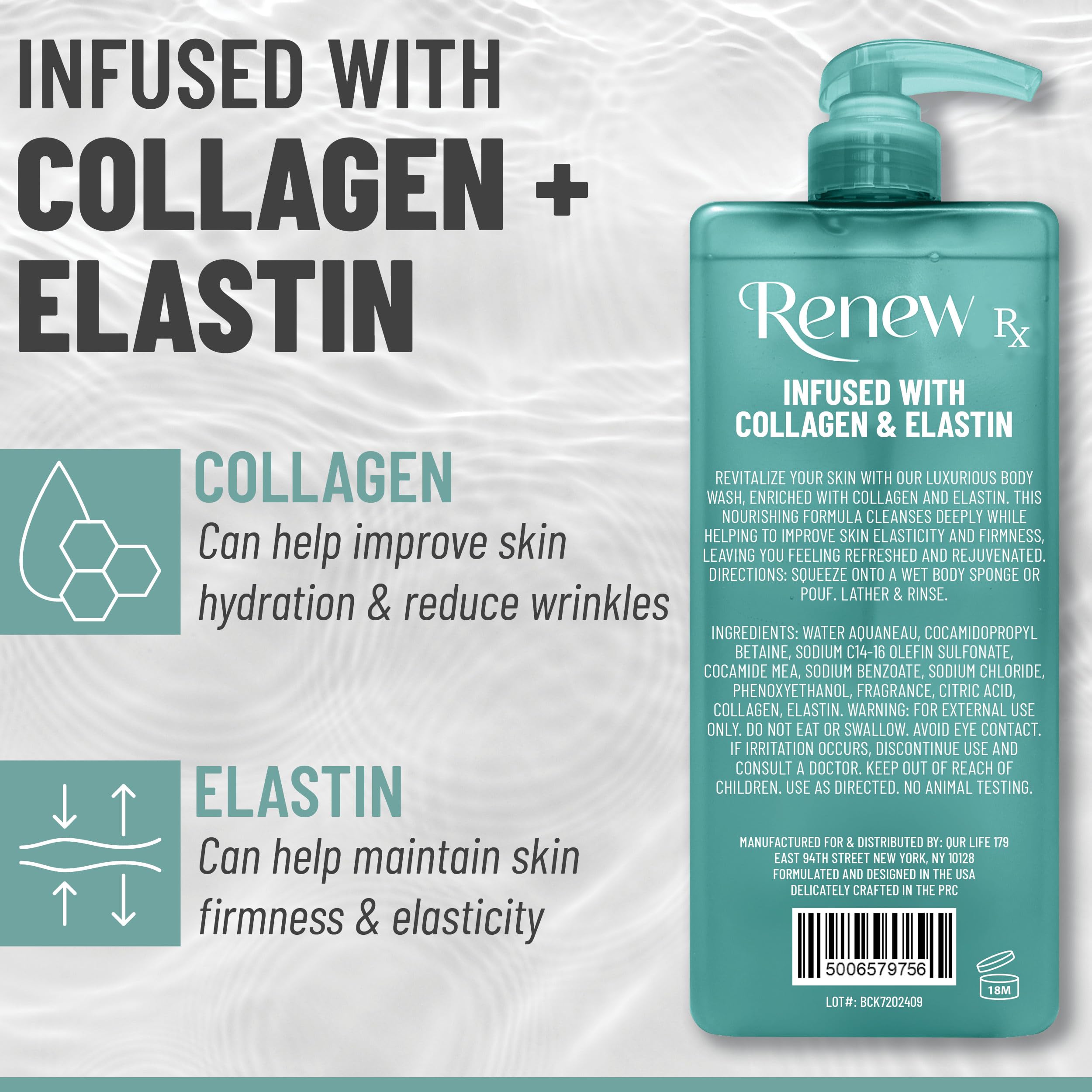 RENEW RX Collagen + Elastin Body Wash foam close-up demonstrates deep hydration during shower