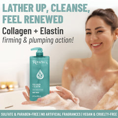 RENEW RX Collagen + Elastin Body Wash label close-up indicates pH-balanced formula for gentle cleansing