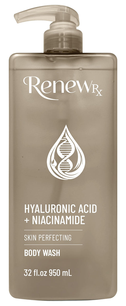 RENEW RX Hyaluronic Acid and Niacinamide Body Wash bottle highlights deep hydration for soft skin