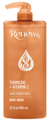 RENEW RX Turmeric Vitamin C radiating body wash bottle shows brightening formula for daily glow