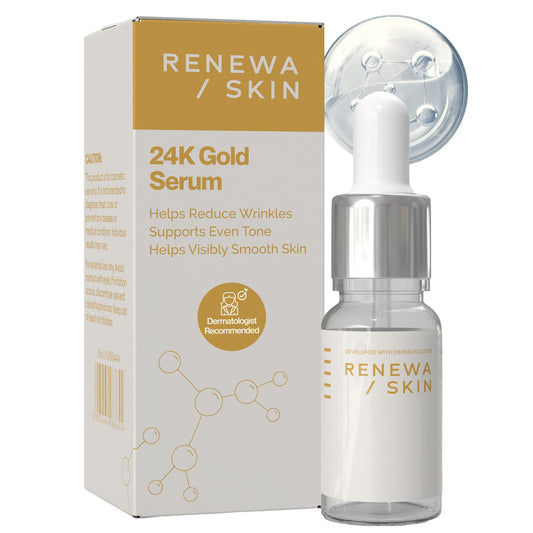 Renewa Skin 24K Gold Niacinamide Serum bottle glows with a hydrated look