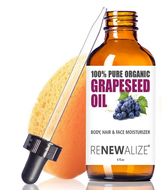Renewalize Grapeseed Oil bottle in amber glass preserves freshness for skin care.
