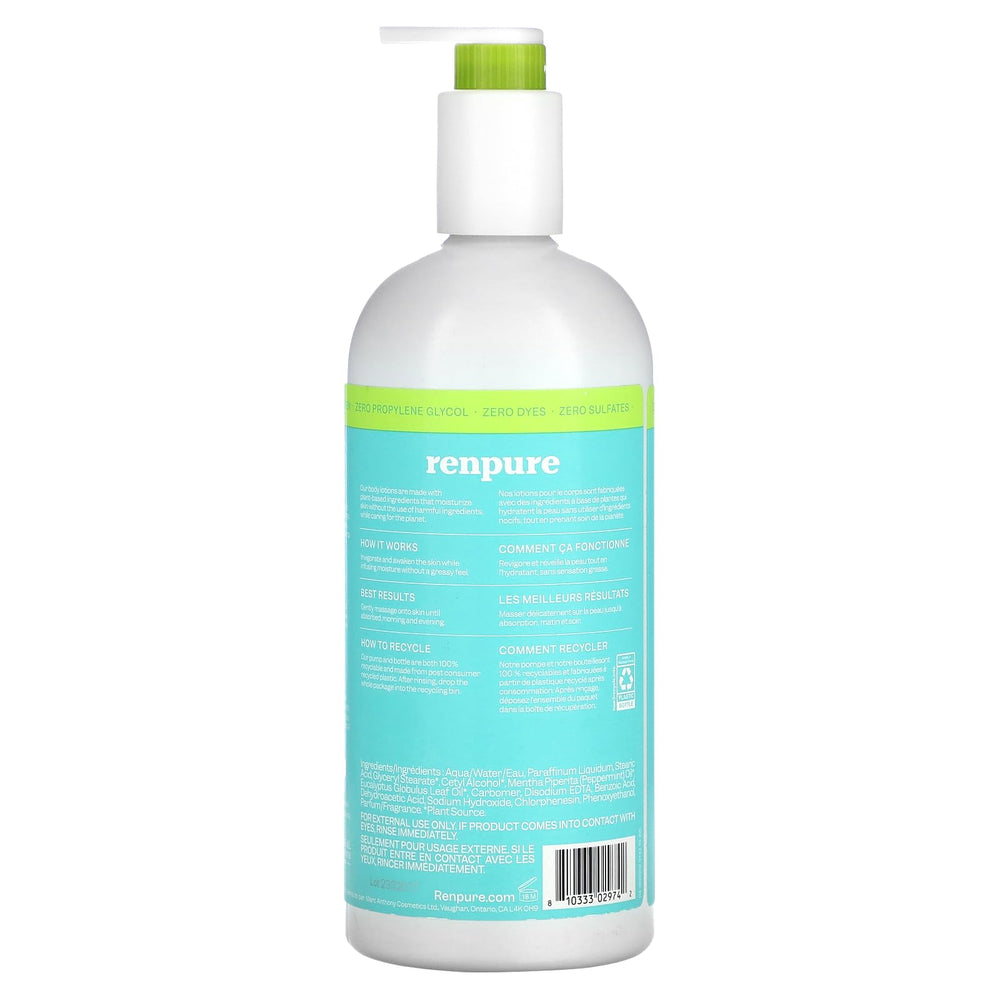 Renpure Fresh Mint and Eucalyptus lotion applied on arm for silky, nourished skin