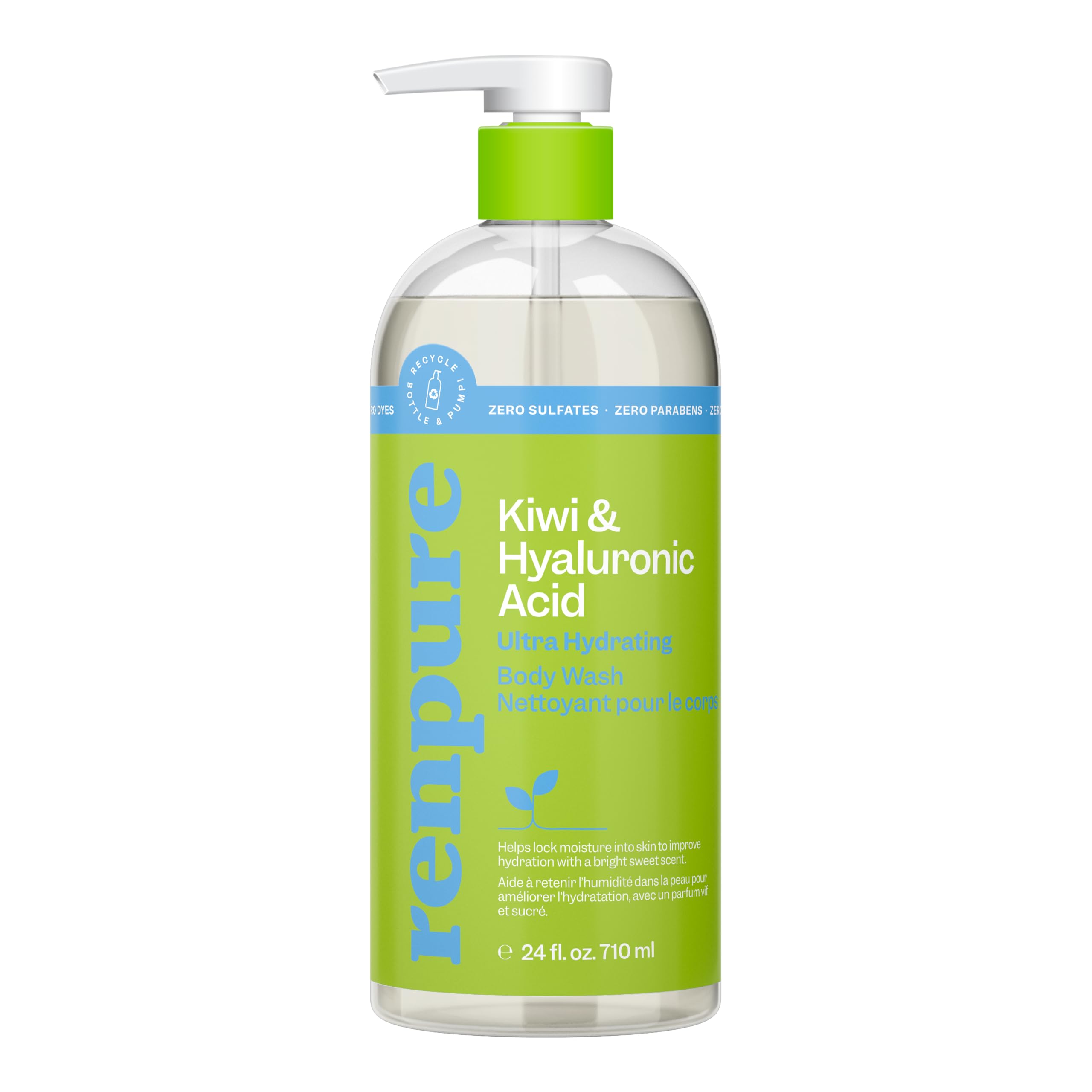Renpure Kiwi and Hyaluronic Acid body wash bottle front highlighting hydrating formula