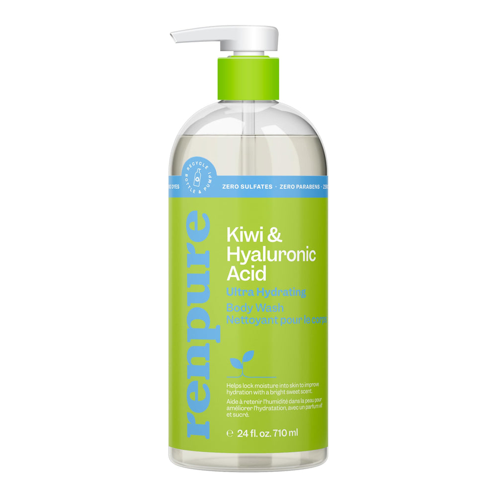 Renpure Kiwi and Hyaluronic Acid body wash bottle front highlighting hydrating formula