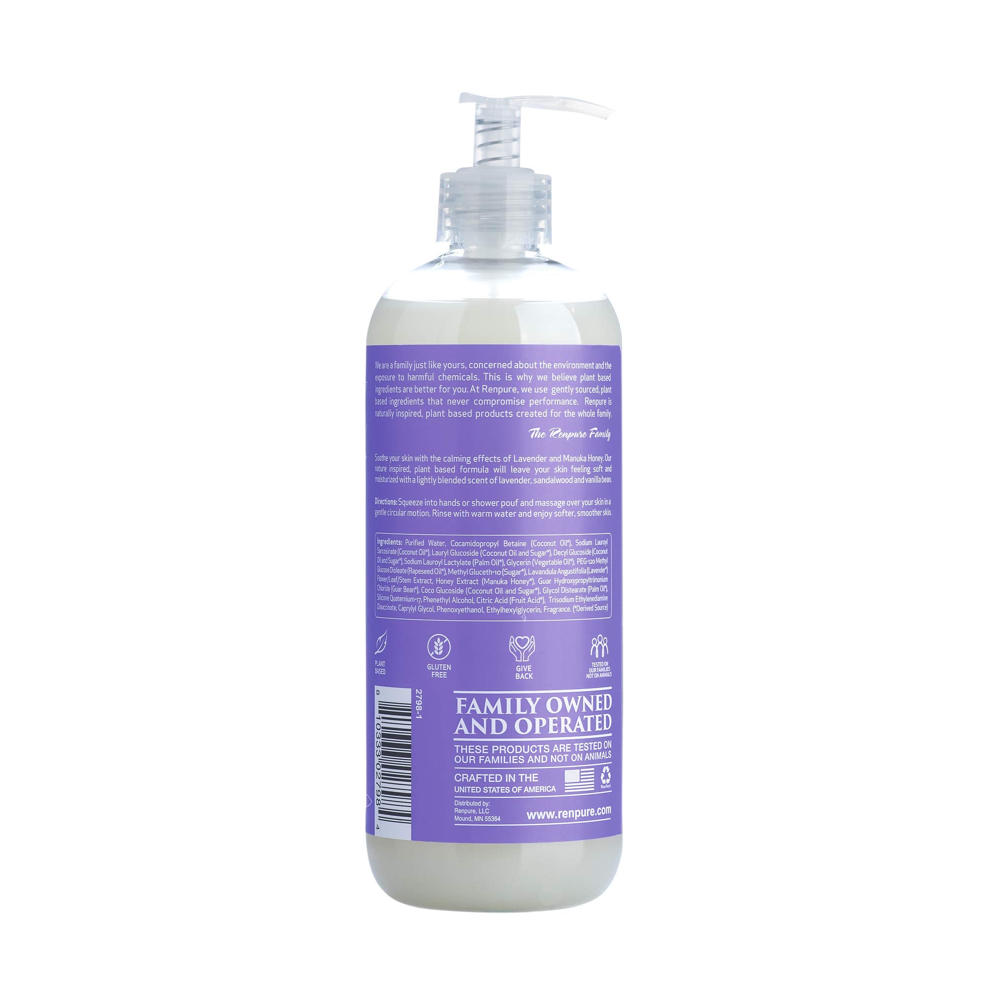 RENPURE lavender body wash ingredients featuring honey and coconut for nourishment.