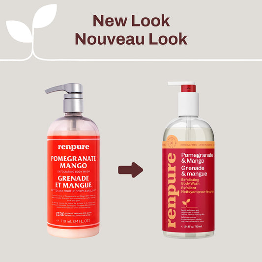 Pouring Renpure body wash reveals fruity pomegranate-mango aroma.