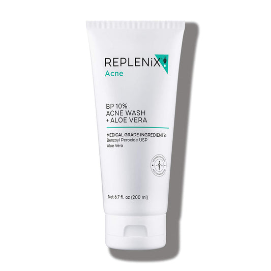 Replenix bottle of 10% benzoyl peroxide face wash highlighting pore-clearing power