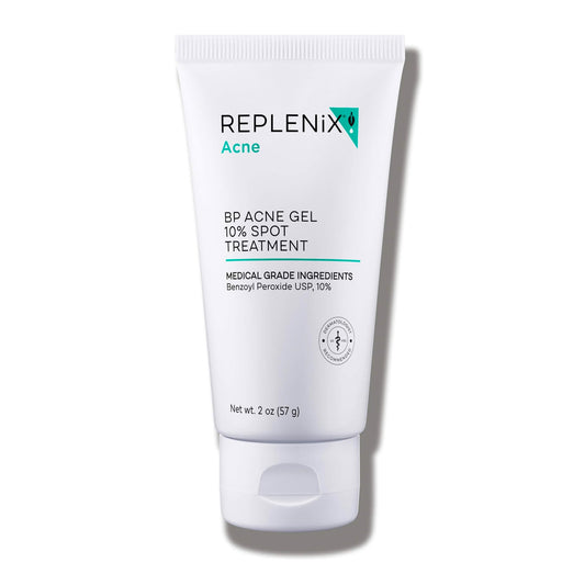 Replenix benzoyl peroxide spot-treatment bottle for targeted blemish care.