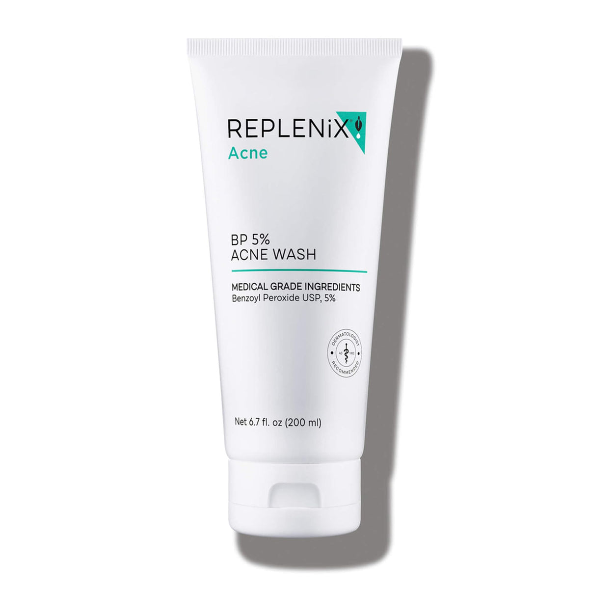 Replenix BP Acne Face Wash bottle closeup showcasing dermatologist-grade formula for clearer-looking skin.