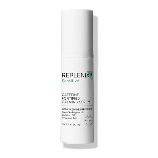 Replenix caffeine calming serum bottle designed for sensitive skin comfort.