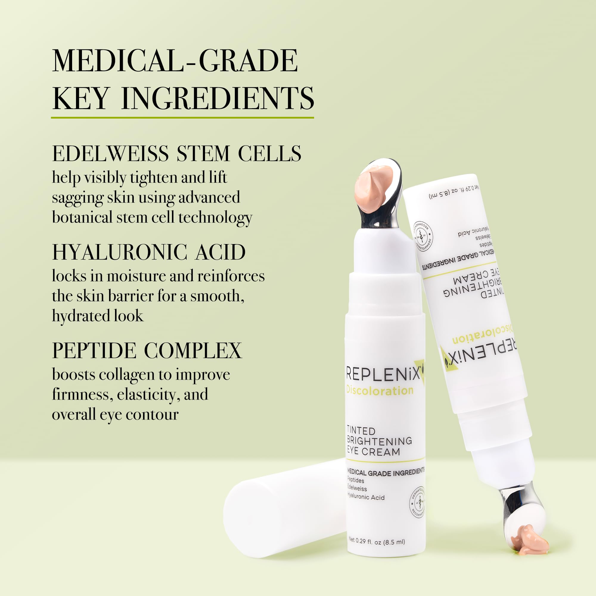 Close-up of Replenix eye cream texture with hyaluronic acid and peptides.