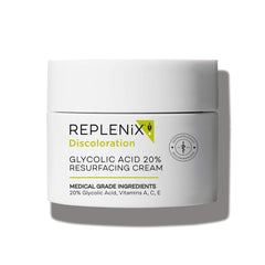 Replenix Glycolic Acid 20% cream bottle on a counter, suggesting smoother texture.