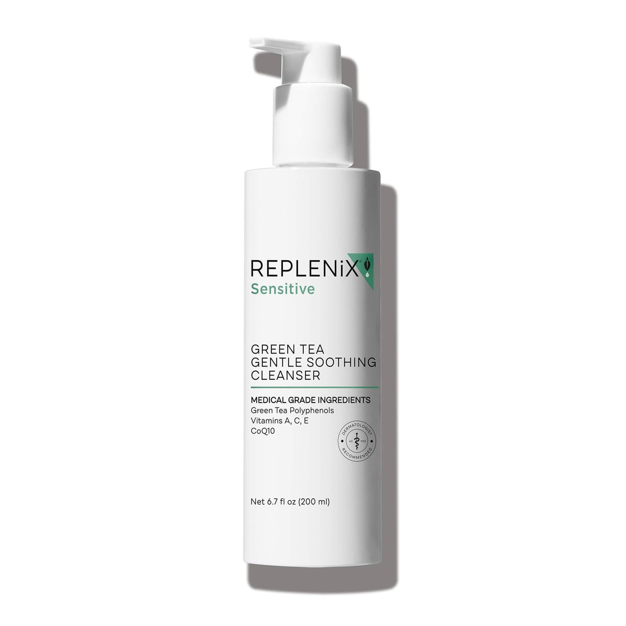 Replenix Green Tea Gentle Cleanser pump-top for easy, controlled dispensing.