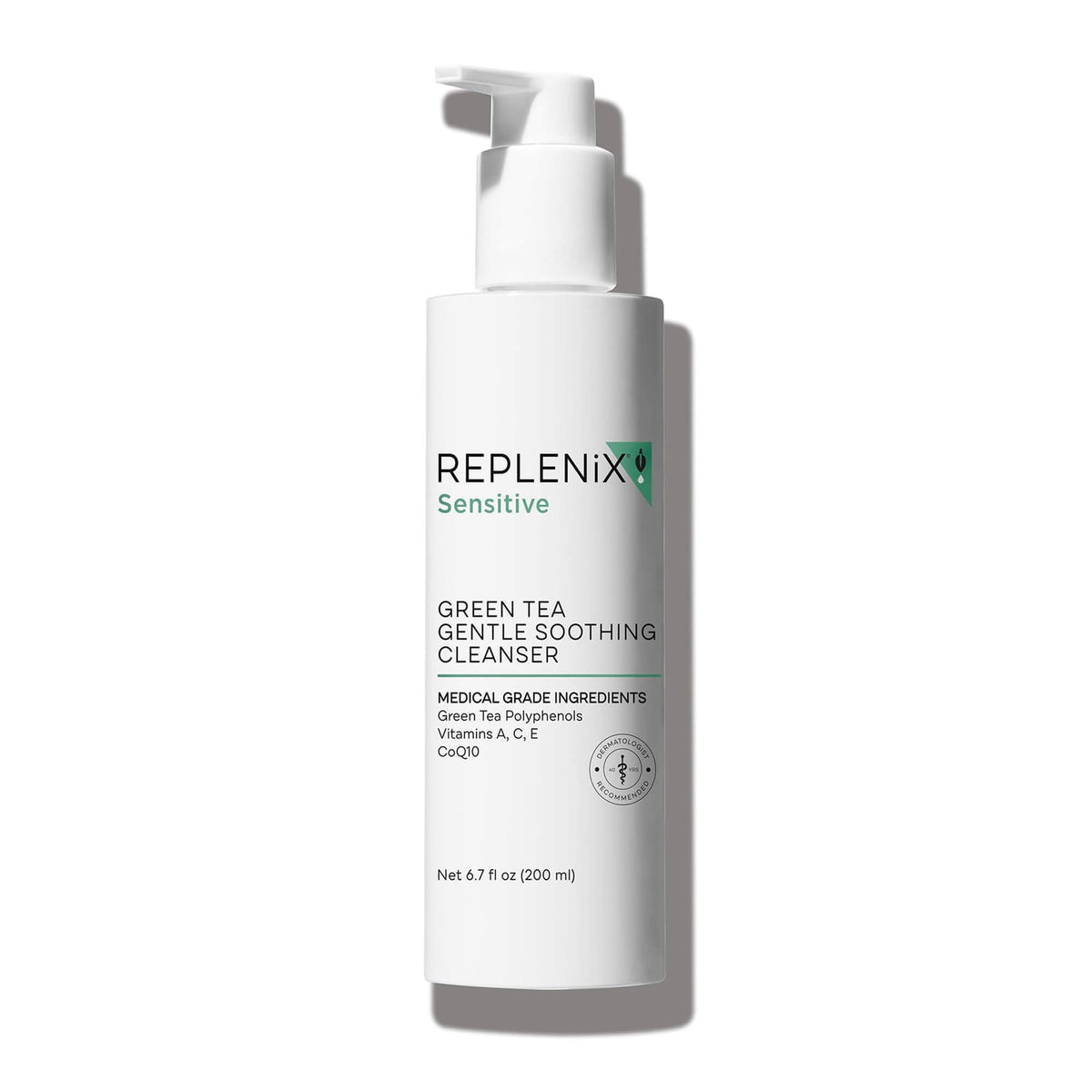 Replenix Green Tea Gentle Cleanser pump-top for easy, controlled dispensing.