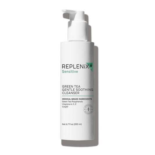 Replenix Green Tea Gentle Cleanser pump-top for easy, controlled dispensing.
