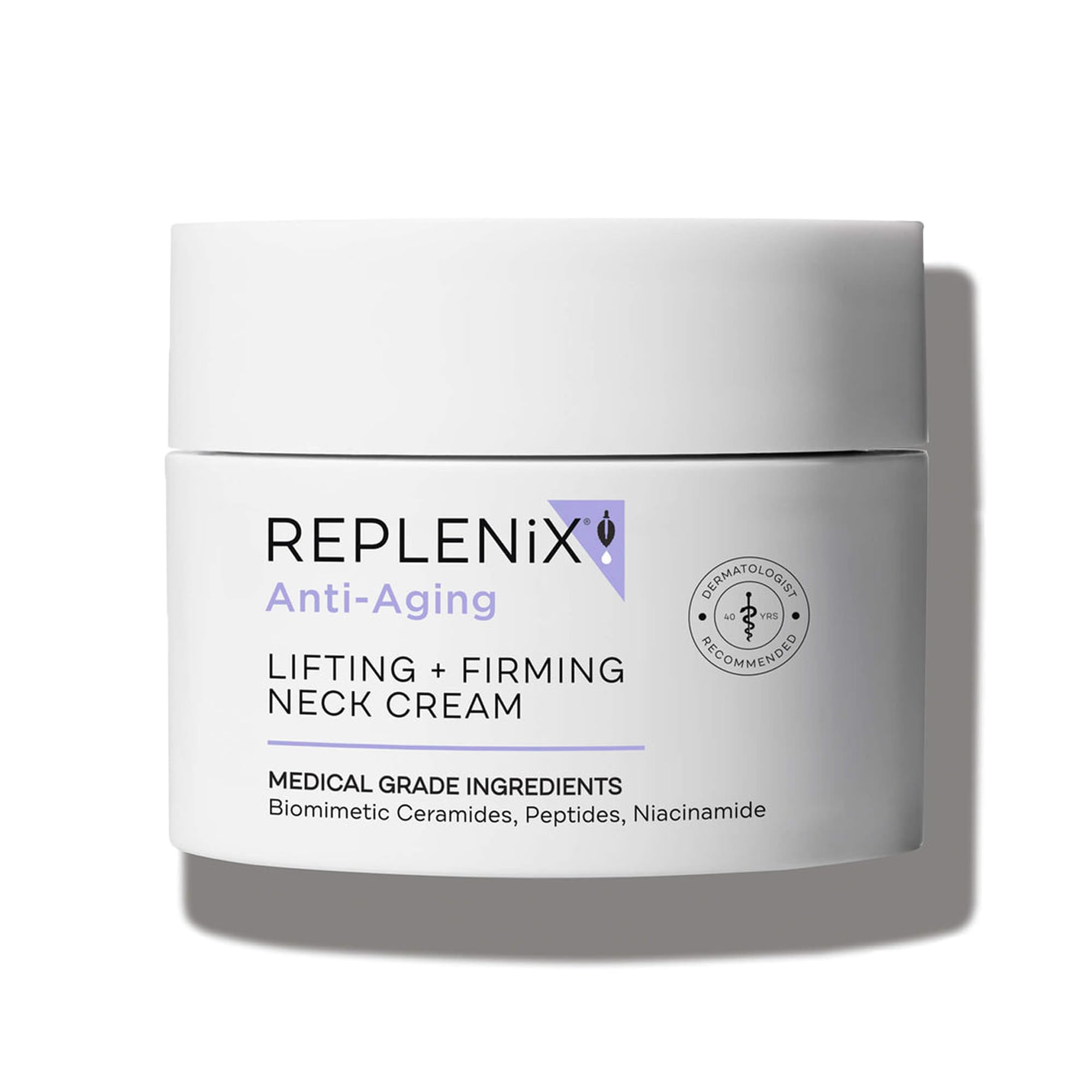 Replenix lifting-neck-cream bottle highlights premium neck firming treatment.