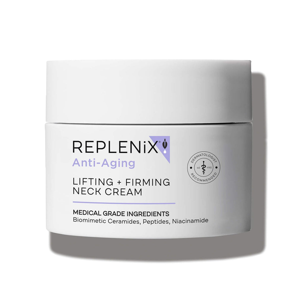Replenix lifting-neck-cream bottle highlights premium neck firming treatment.