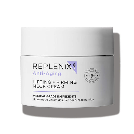 Replenix lifting-neck-cream bottle highlights premium neck firming treatment.