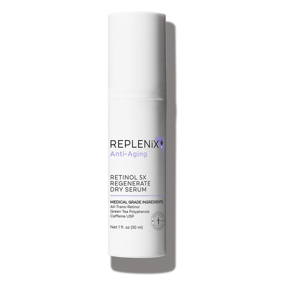 Replenix Retinol 5X bottle shown for fast absorption and evening skin tone.
