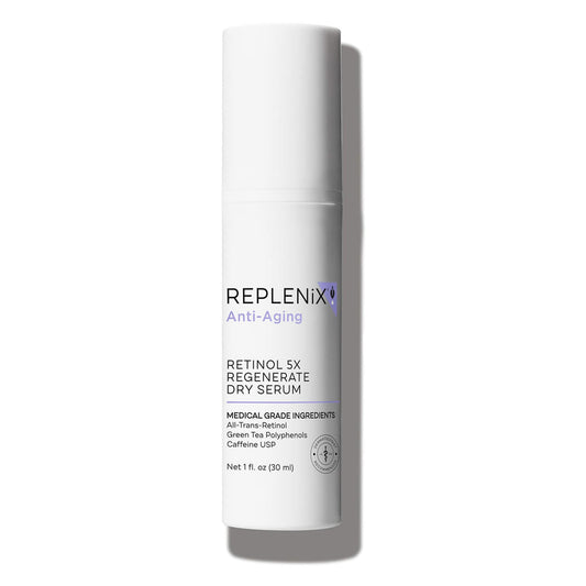 Replenix Retinol 5X bottle shown for fast absorption and evening skin tone.