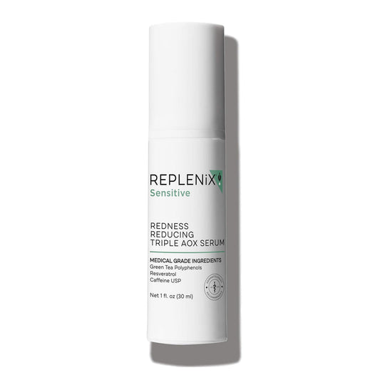 Replenix serum bottle close-up showing antioxidant protection for sensitive skin.