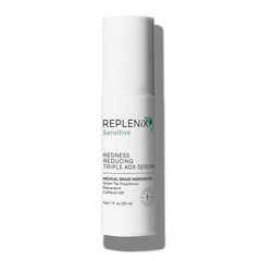 Replenix serum bottle close-up showing antioxidant protection for sensitive skin.