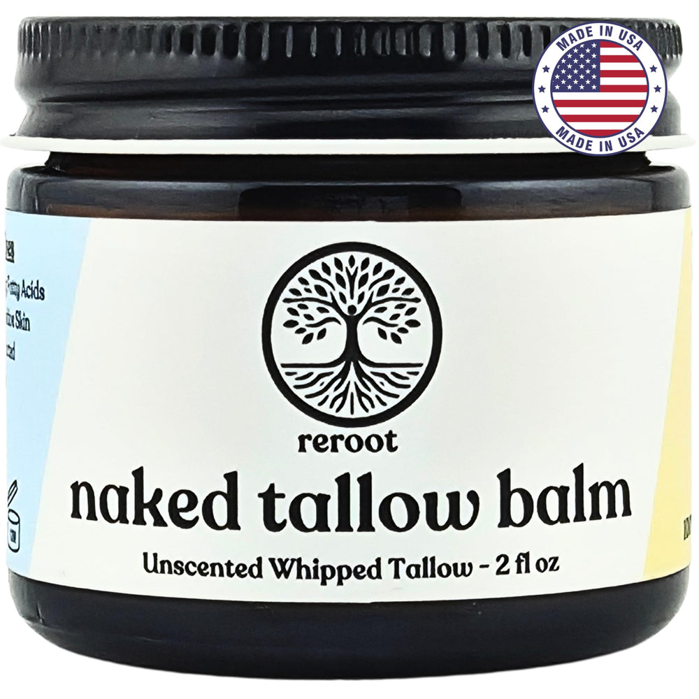 Reroot Organics Naked Tallow Balm bottle for portable hydration on the go.