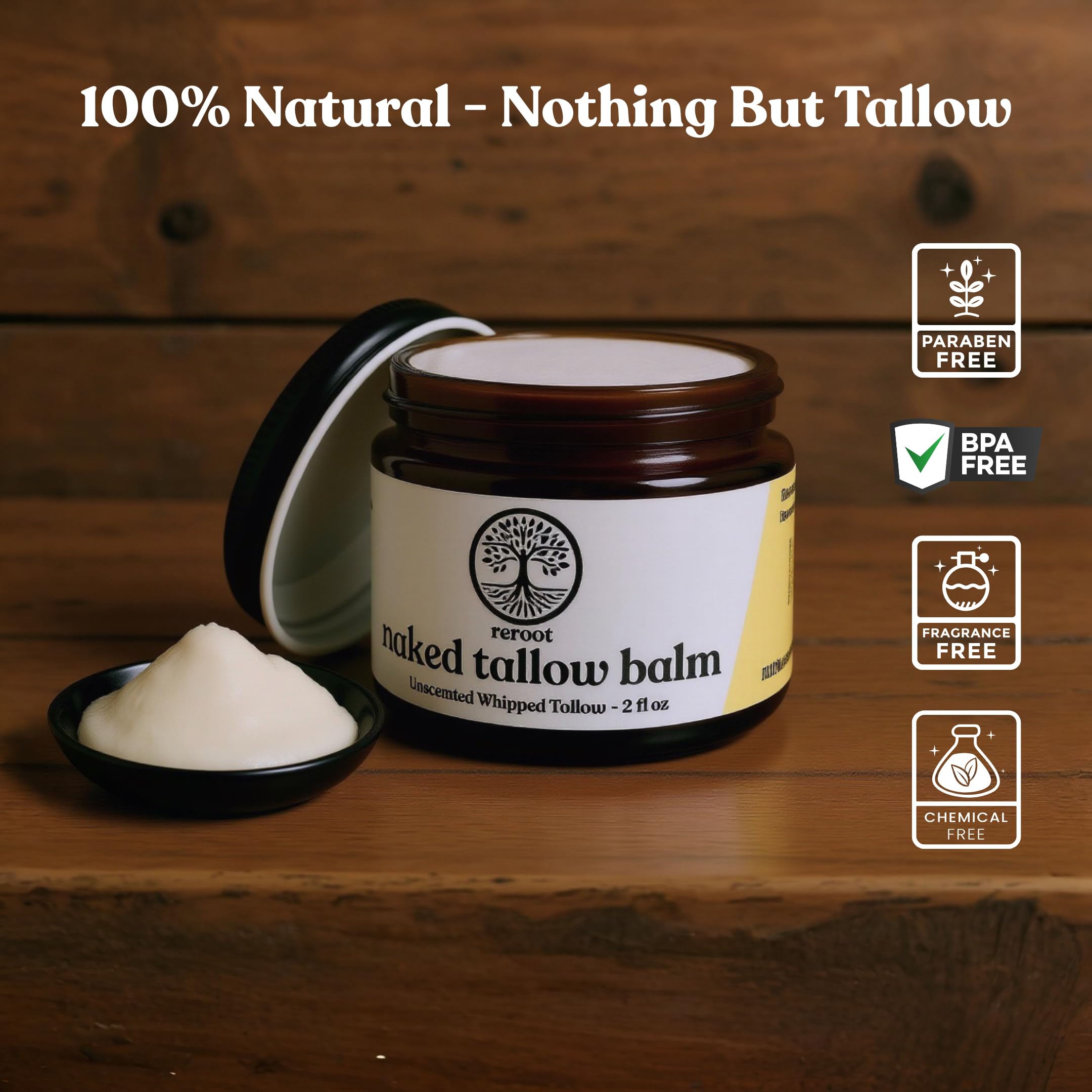 Naked Tallow Balm jar showing whipped texture for smooth skin application.