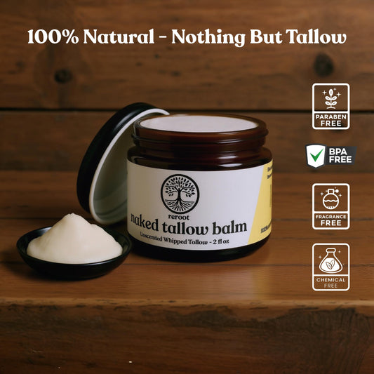 Naked Tallow Balm jar showing whipped texture for smooth skin application.