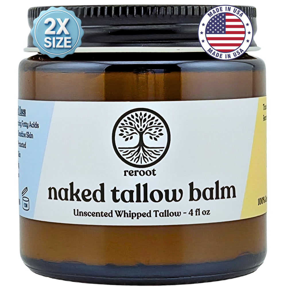 Reroot Organics Naked Tallow Balm packaging, simple, natural family skincare.