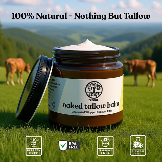 Reroot Organics Naked Tallow Balm whipped texture glides smoothly for hydration.